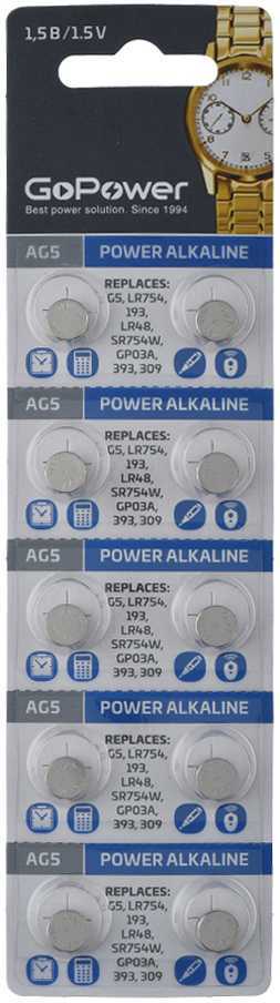 Батарейка GoPower G5/LR754/LR48/393A/193 BL10 Alkaline 1.55V (10/100/3600) Элементы питания (батарейки) фото, изображение